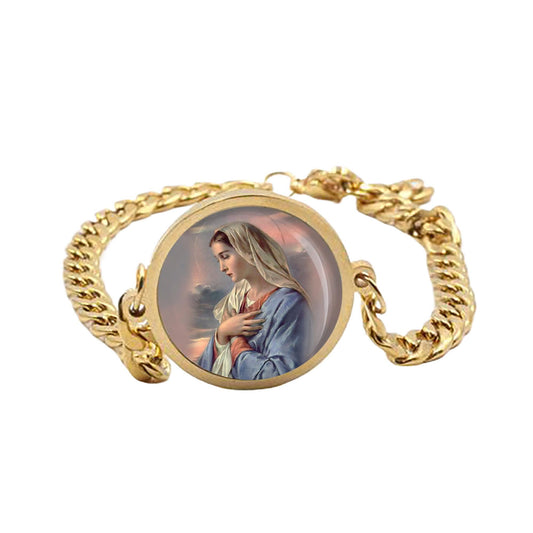 Our Lady Sorrow Mary Curb Bracelet Gold or Silver tone Religious Jewelry Simple Chain