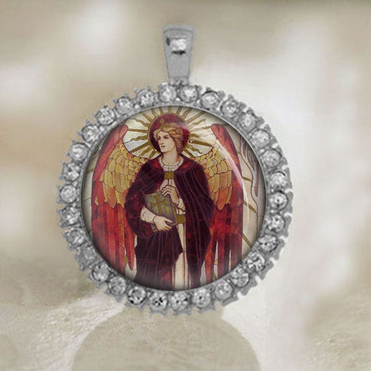 St. URIEL The Archangel Catholic Pendant. Religious Silvertone Medal.