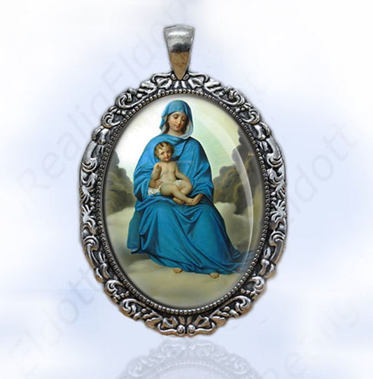 Blessed Virgin Mary in Blue w Baby Jesus - Catholic Christian Medal Pendant Antique Silver Large