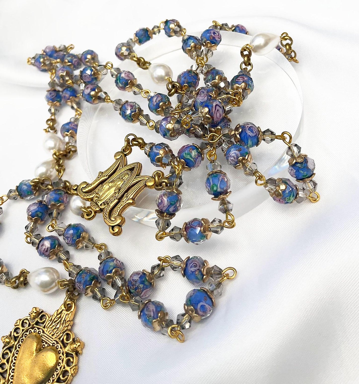 Rosary Immaculate Mary Blue Lampwork Beads Gold Tone Sacred Heart with Pearls Drops