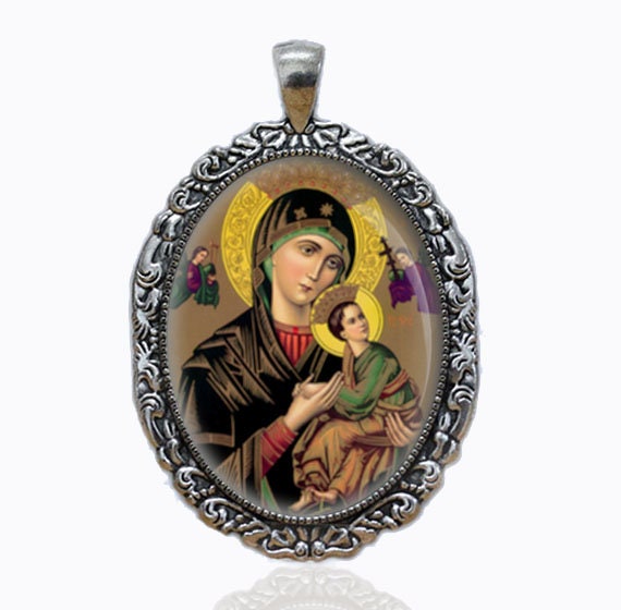 Our Lady of Perpetual Help - Catholic Medal Oval Silver Tone Pendant