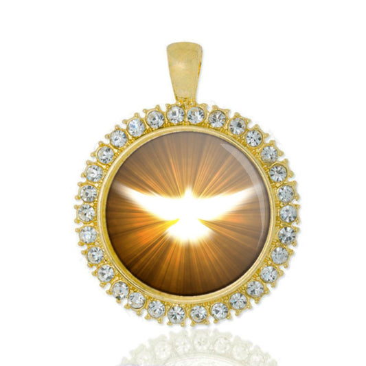 Holy Spirit Pendant Ghost White Dove Round Gold Tone Medal with Rhinestones