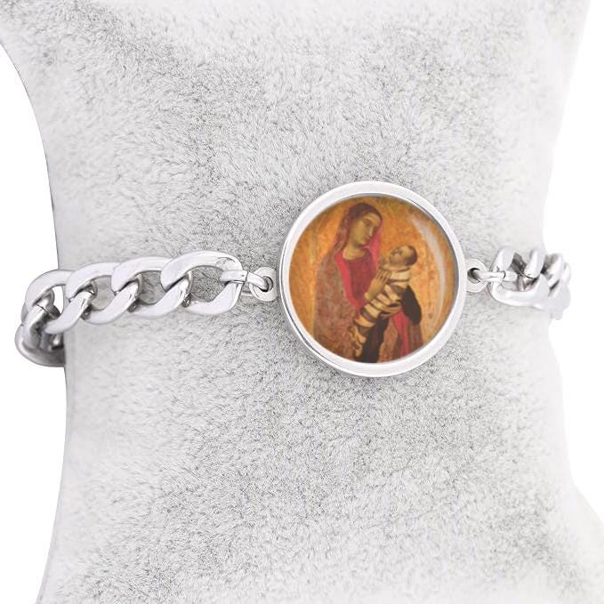 Our Lady Swaddling Madonna And Child Ambrogio Lorenzetti Curb Bracelet Gold or Silver tone Religious Jewelry Simple Chain