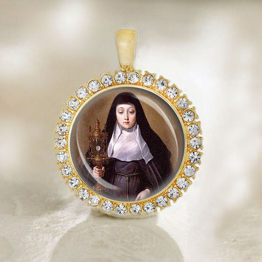 St Clare of Assisi Christian Catholic Gold Tone Medal Italian Saint Pendant Jewelry for Necklace