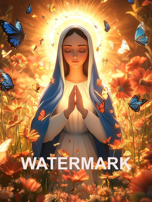 Mother Mary, Cartoon Style Blue and White Dress Flowers  Butterfly  Art Digital image 0