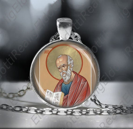 St John the Apostle Religious Necklace Christian Catholic Medal Pendant 1'' w Chain Silvertone