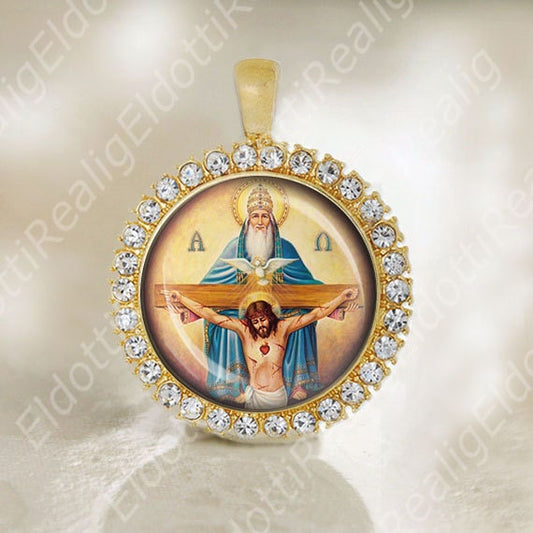 HOLY TRINITY Gold Tone Pendant.  Holy Spirit, Eucharist and Father Catholic Medal. Religious Christian Medal.