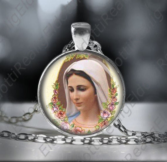 Our Lady of Medjugorje Necklace Virgin Mary Necklace Round Medal Silver Tone Pendant w Chain