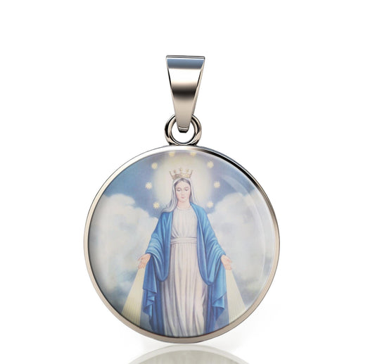 Our Lady Miraculous Mary 925 Sterling Silver Round Pendant Christian Religious Medal Small 20mm
