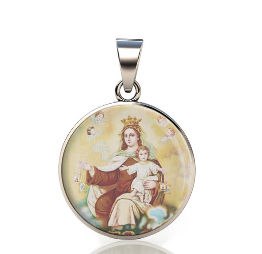 Our Lady Carmel 925 Sterling Silver Round Pendant Christian Religious Medal Small 20mm