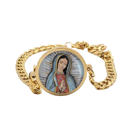 Our Lady of Guadalupe Curb Bracelet Gold or Silver tone Religious Jewelry Simple Chain