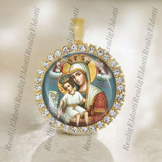 The Blessed Virgin Mary, Mother of God with Baby - Christian Orthodox Icon Gold Medal Pendant / Charm with Rhinestones