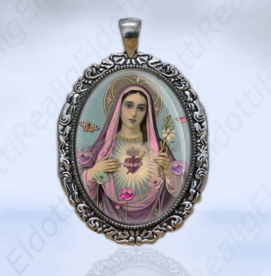 Immaculate Heart of Mary Catholic Christian Medal Antique Silvertone Pendant Jewelry