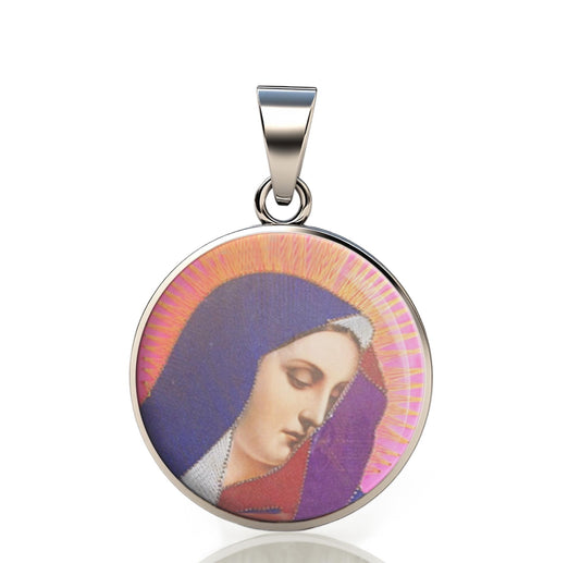 Our Lady Sorrows Purple 925 Sterling Silver Round Pendant Christian Religious Medal Small 20mm