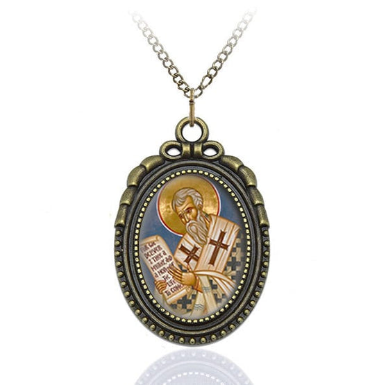 St Cyril of Alexandria Necklace Orthodox Pendant Jewelry Medal Oval Style Charm Bronze w Chain