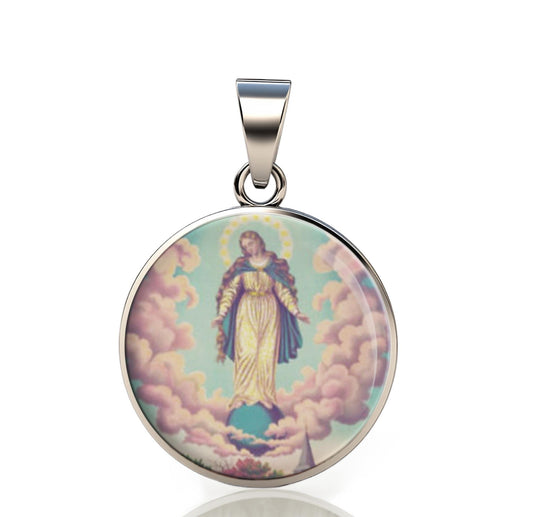 Our Lady Miraculous Manifestations Of The Virgin Mary 925 Sterling Silver Round Pendant Christian Religious Medal Small 20mm