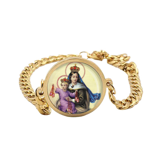 Our Lady Mount Carmel Curb Bracelet Gold or Silver tone Religious Jewelry Simple Chain