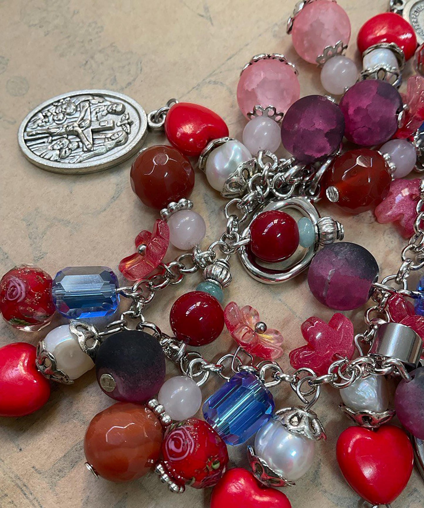 Immaculate Mary and Sacred Heart Jesus Catholic Religious Handmade Bracelet with Gemstones