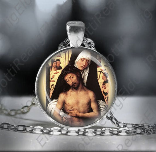 Sorrowful Mother or Mother of Sorrows Catholic Necklace Medal Mary and Jesus Pendant Crucifixion Silvertone Medal w 24'' Chain