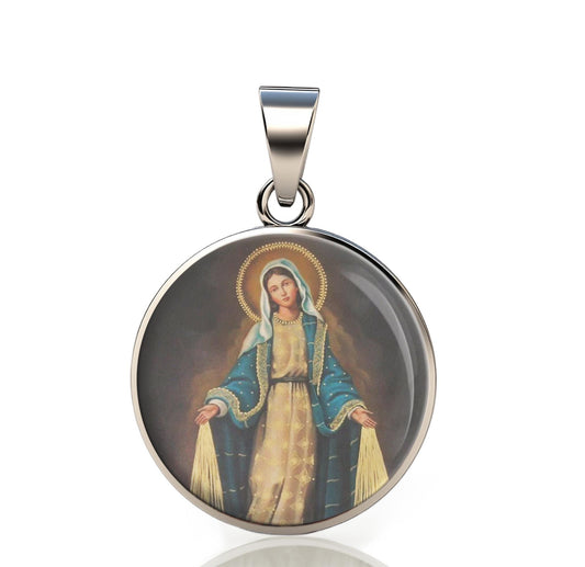 Our Lady Miraculous Mary 925 Sterling Silver Round I Pendant Christian Religious Medal Small 20mm