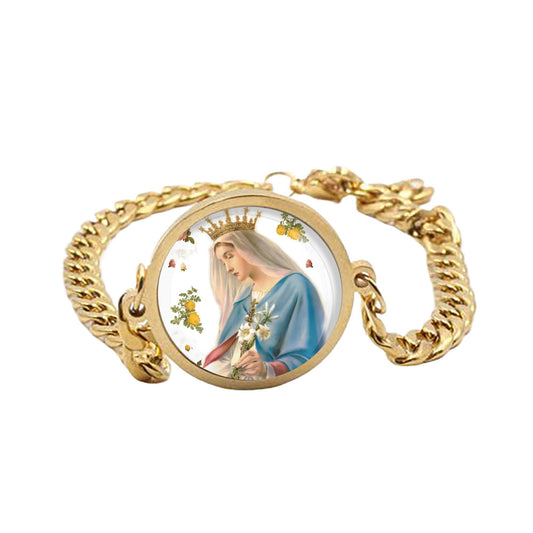 Our Lady Crown Regina Curb Bracelet Gold or Silver tone Religious Jewelry Simple Chain