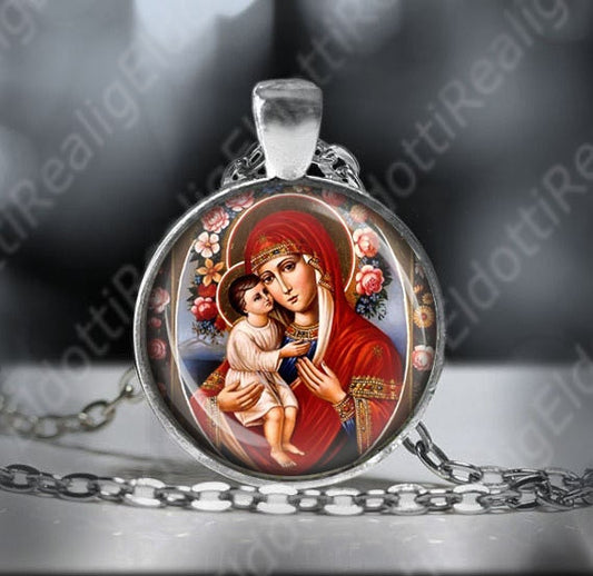 Virgin Mary Jesus Necklace - Rare Orthodox Religious Icon Pendant Medal. Madonna and Baby Catholic Necklace.