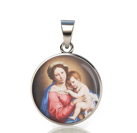 Our Lady Mother Mary And Baby 925 Sterling Silver Round Pendant Christian Religious Medal Small 20mm
