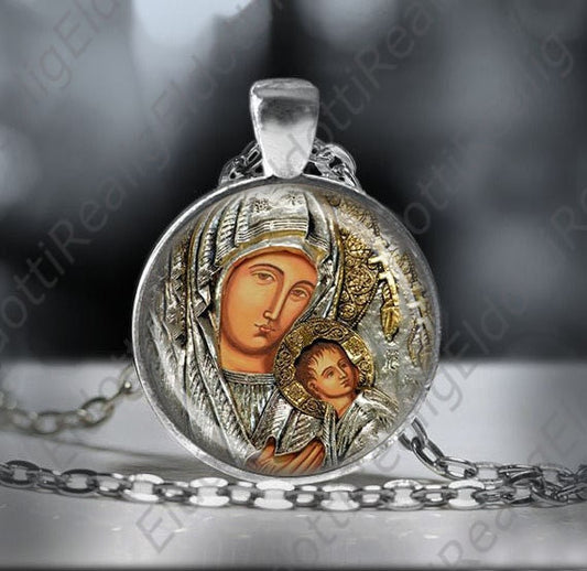 Our Lady of Perpetual Help Catholic Necklace Mother Mary Medal Silvertone Pendant