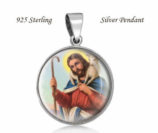Jesus Christ with Lamb Sterling Silver Round Pendant