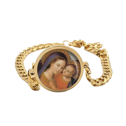 Our Lady Good Counsel Mary And Child Curb Bracelet Gold or Silver tone Religious Jewelry Simple Chain