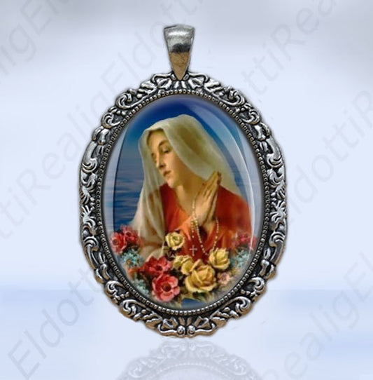 Blessed Mother Virgin Mary w Roses Catholic Christian Medal Large Oval Victorian Style Pendant