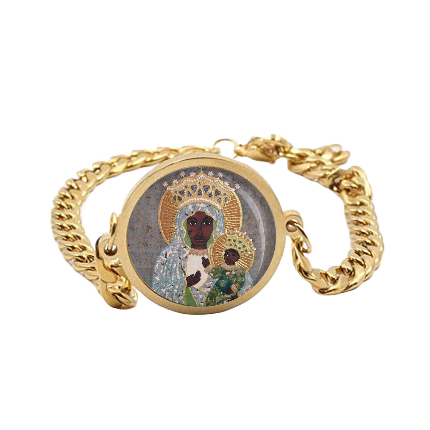Our Lady Czestochowa Queen And Protector Of Poland A Black Madonna Icon Curb Bracelet Gold or Silver tone Religious Jewelry Simple Chain