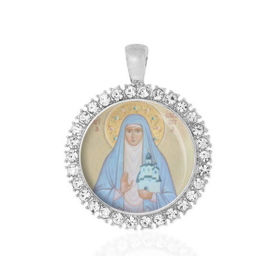 St Elizabeth of Russia Pendant with Rhinestones | Religious Medal Round for Necklace