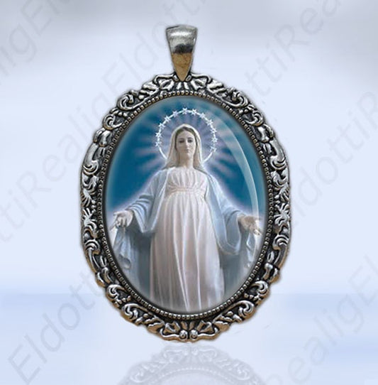 Our Lady of Medjugorje Catholic Christian Medal Oval Silvertone Pendant
