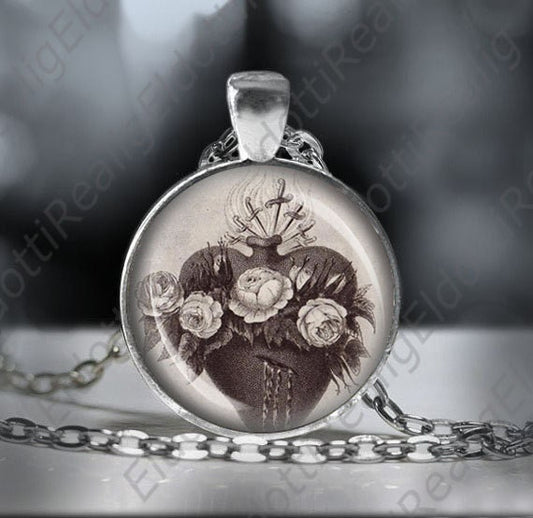 Immaculate Heart of Mary Catholic Medal Necklace Silvertone Pendant Mary Heart Roses Seven Swords Black and White Jewelry