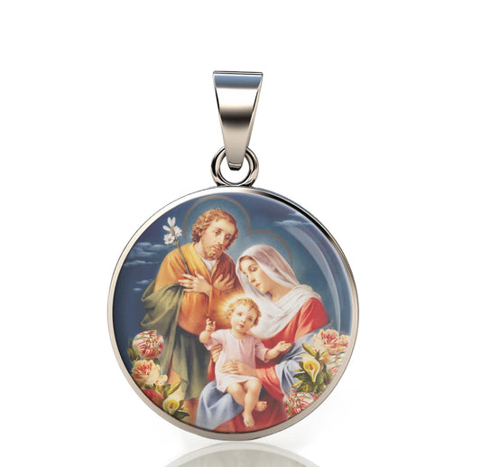 Holy Family 925 Sterling Silver Round Pendant Christian Religious Medal Small 20mm