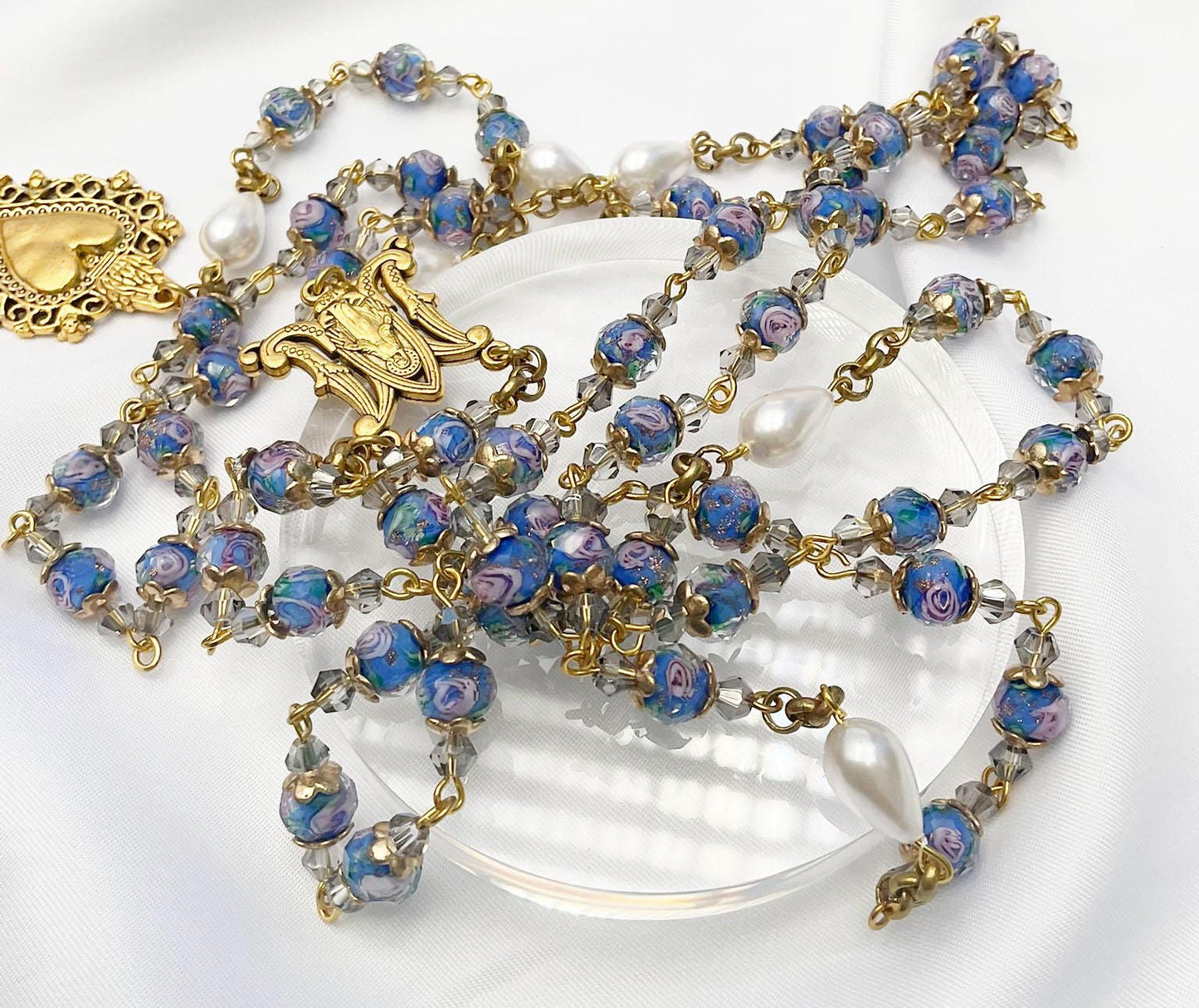 Rosary Immaculate Mary Blue Lampwork Beads Gold Tone Sacred Heart with Pearls Drops