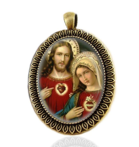 Two Hearts Catholic Medal. Jesus Sacred Heart and Mary Immaculate Heart Pendant Catholic Christian Jewelry.