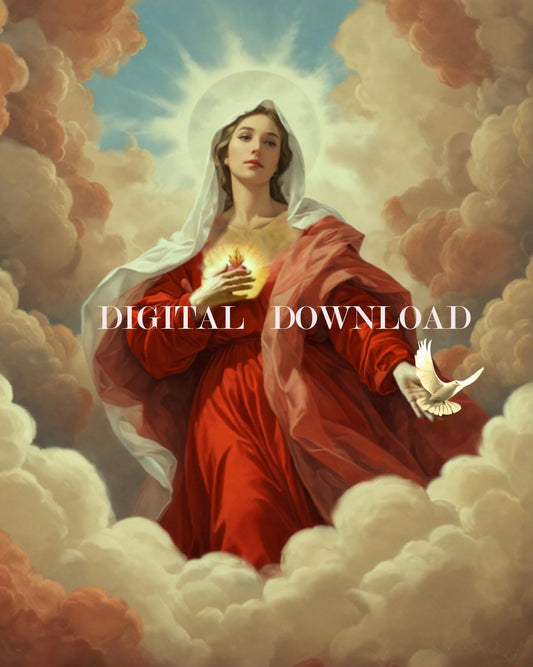 Blessed Mother Mary In Heaven with Holy Ghost Dove  Art Digital Image image 0