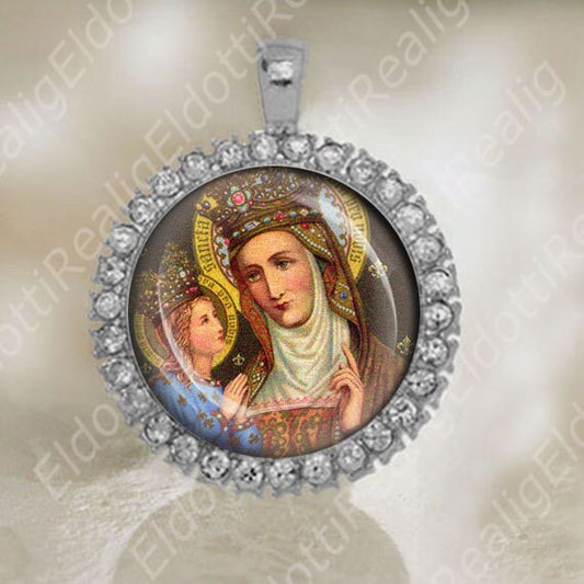 St Anne and Child Mary Catholic Medal. Patron Pendant Religious Jewelry. Silver Tone with Rhinestones Medal