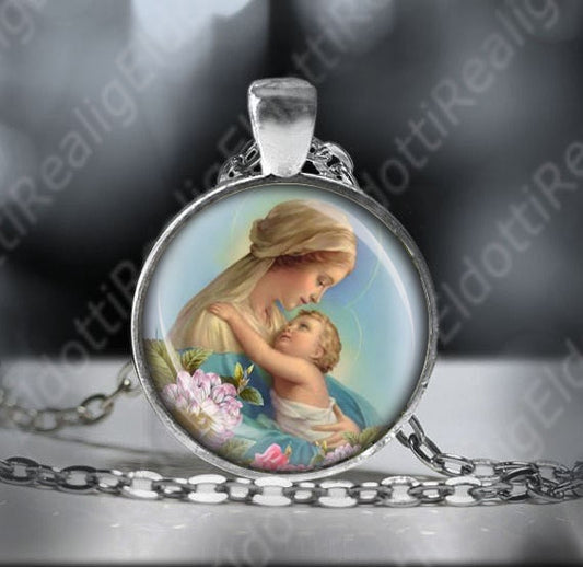 Our Blessed Lady Virgin Mary and Baby Jesus Catholic Necklace Religious Medal. Mother Mary Pendant Jewelry.