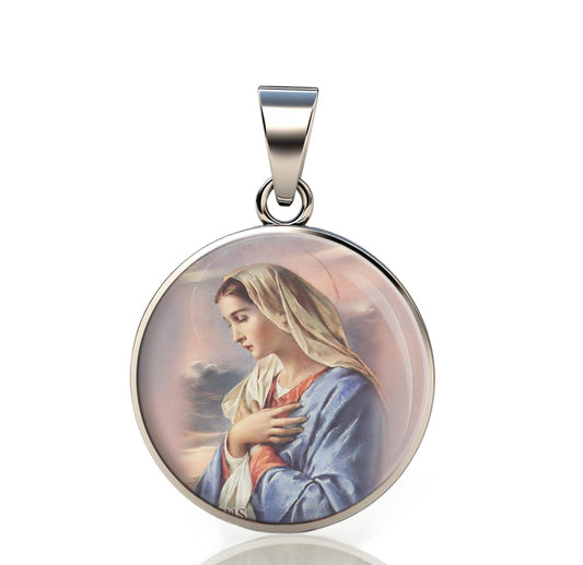 Our Lady Sorrow Mary 925 Sterling Silver Round Pendant Christian Religious Medal Small 20mm