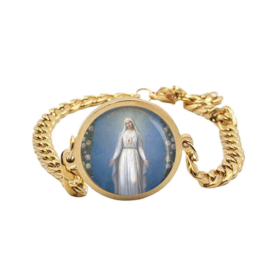 Our Lady with Wreath Of Roses Curb Bracelet Gold or Silver tone Religious Jewelry Simple Chain