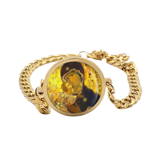 Our Lady Vladimir Curb Bracelet Gold or Silver tone Religious Jewelry Simple Chain