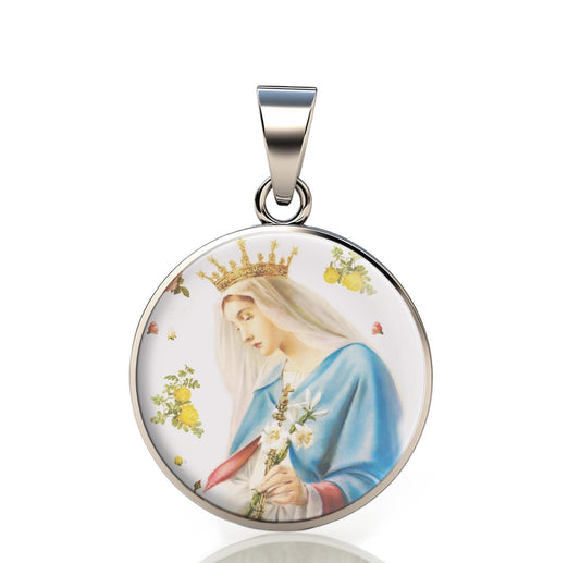 Our Lady Crown Regina 925 Sterling Silver Round Pendant Christian Religious Medal Small 20mm