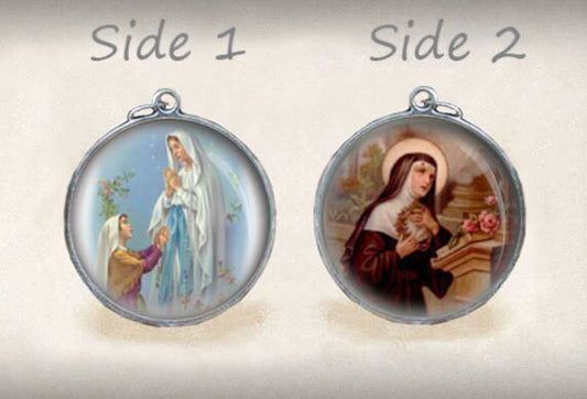 Our Lady of Lourdes and St. Rita double sided Medal Religious Round Pendant