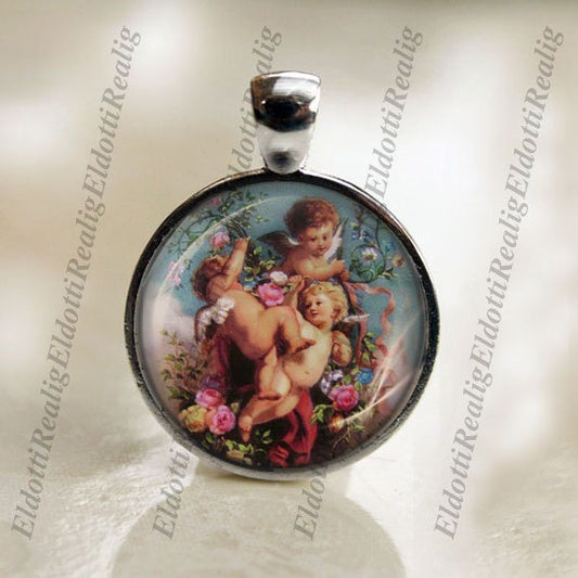 Angel And Cherubs Silvertone Medal Pendant Cabochon Religious Jewelry