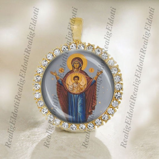Protection of The Theotokos Moher Mary Religious Christian Gold Medal Cabochon