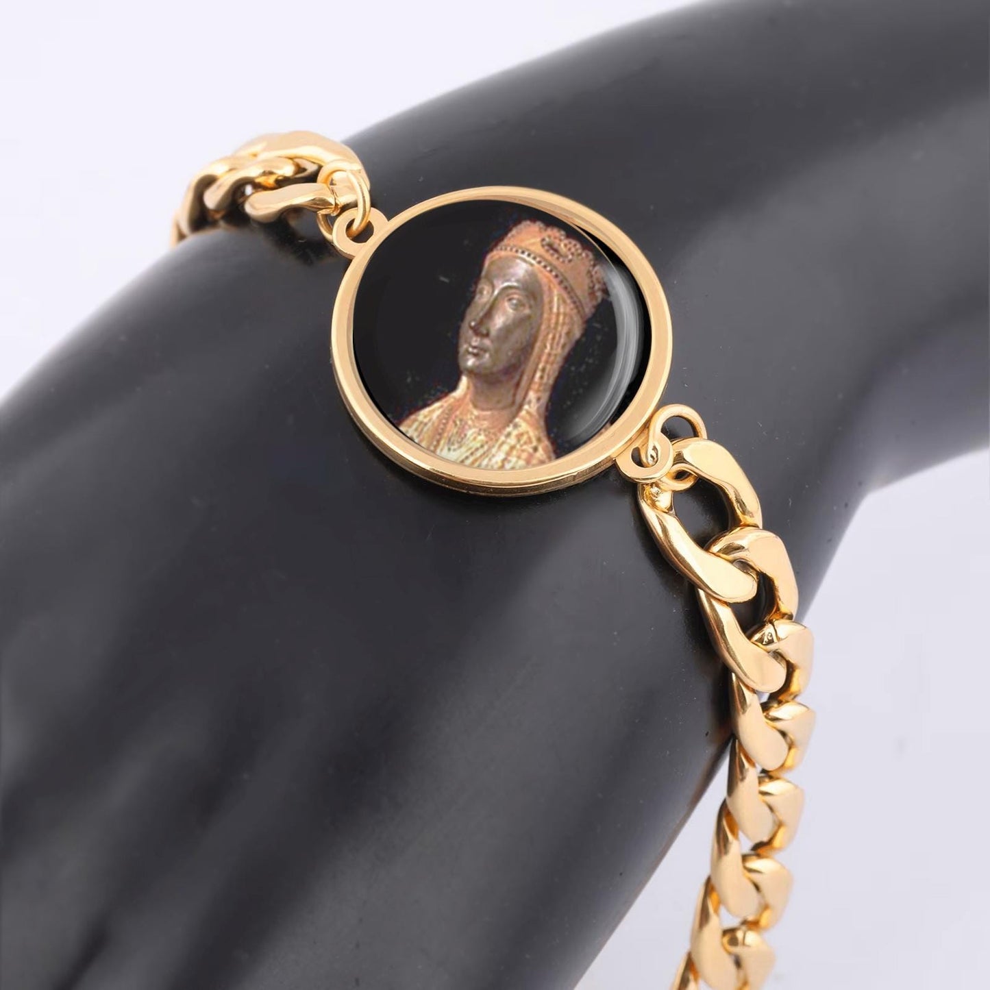 Our Lady Montserrat Mary Curb Bracelet Gold or Silver tone Religious Jewelry Simple Chain