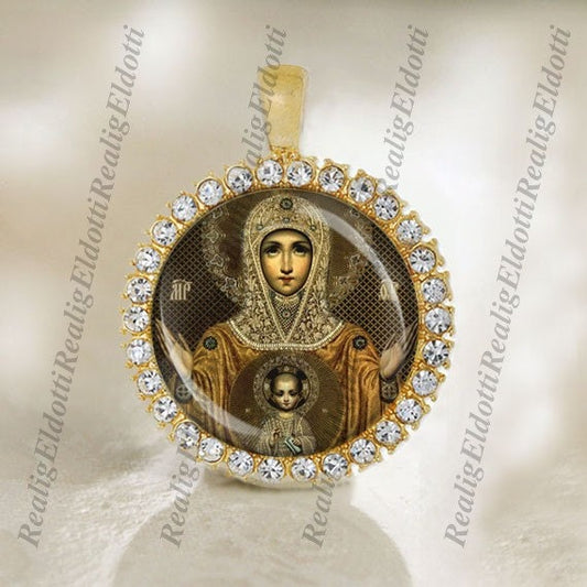 Blessed Mother Mary and Child Jesus. Virgin of the Sign Christian Greece Icon Eastern Orthodox Gold Medal.